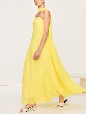 Commense Yellow Halter Chiffon Maxi Dress Sleeveless Flowing Resort Dress Size M